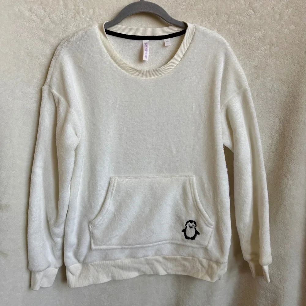 Joyspun Kids NWT Plush Penguin Pajama Top White Girls Sz M 8-10 Soft Loungewear
